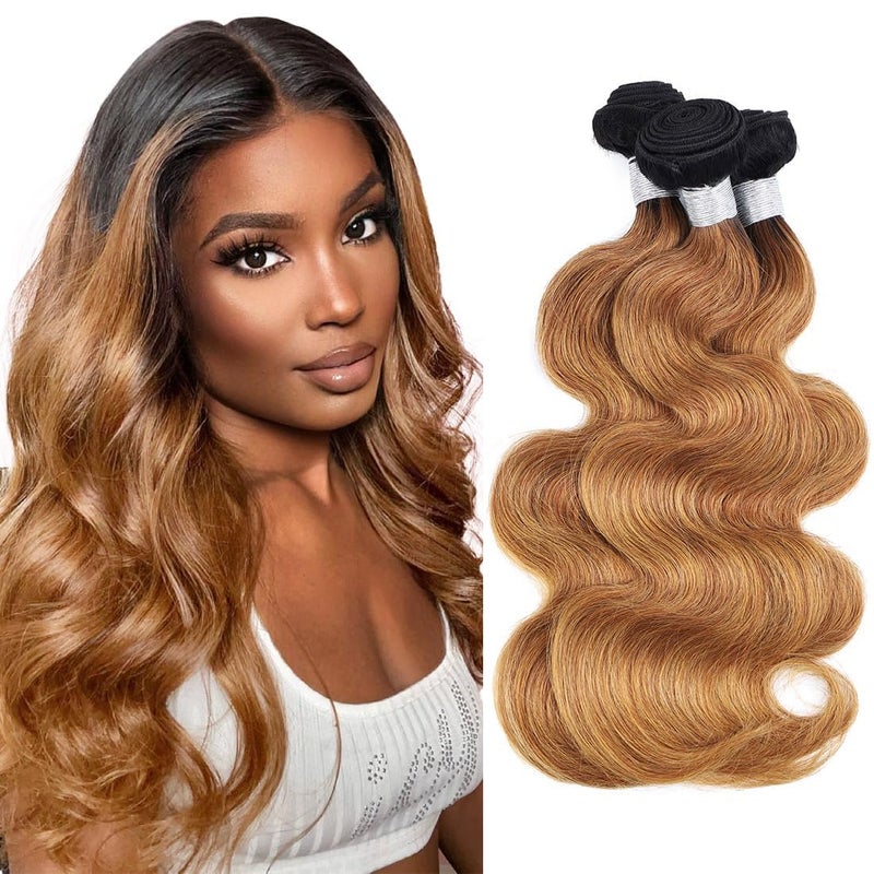 Brazilian Body Wave Ombre Human Hair Bundles  3 Bundles Remy Virgin Hair Weave  100 Unprocessed  121416 Inch  2 Tone 1B30